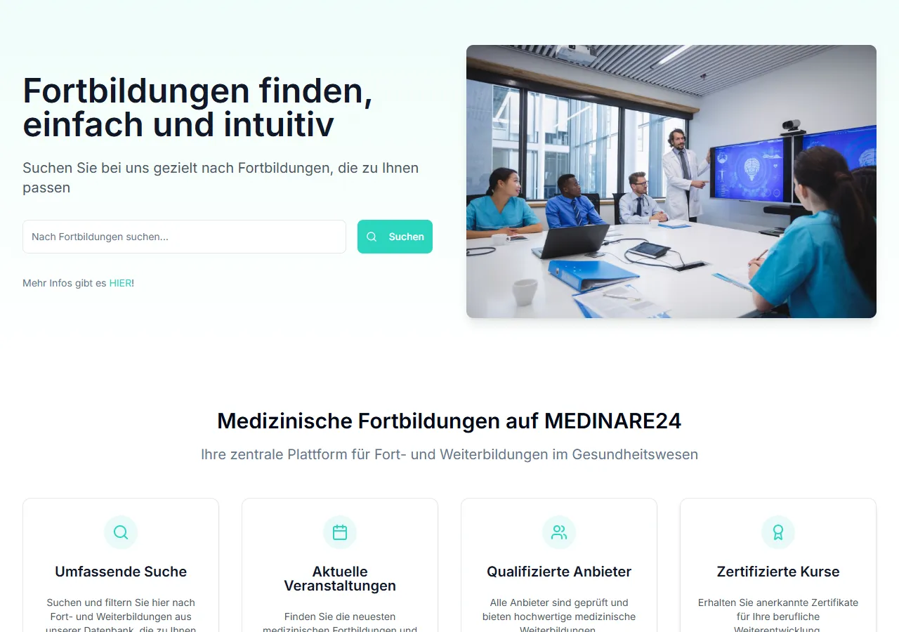 Startseite von Medinare24 mit Suchfeld für Fortbildungen