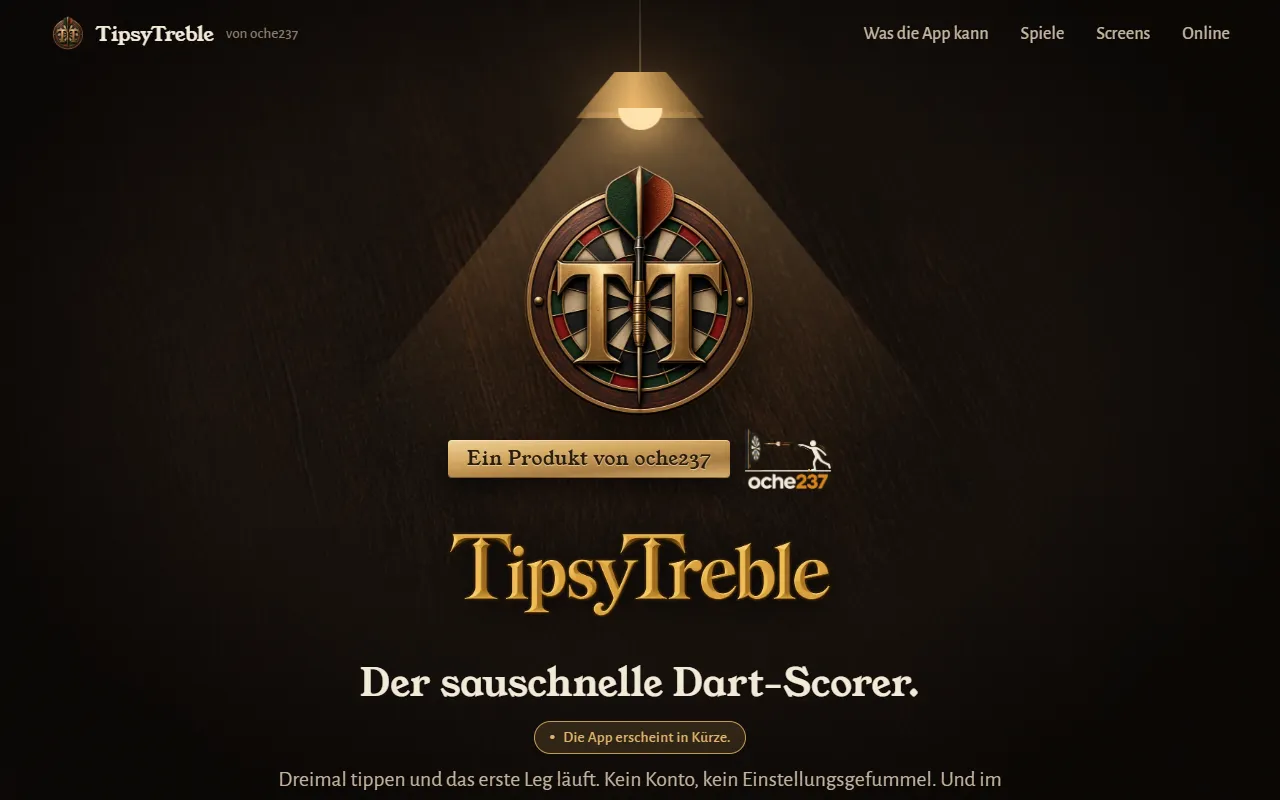 Landingpage von Tipsy Treble mit Logo und dem Satz „Der sauschnelle Dart-Scorer“